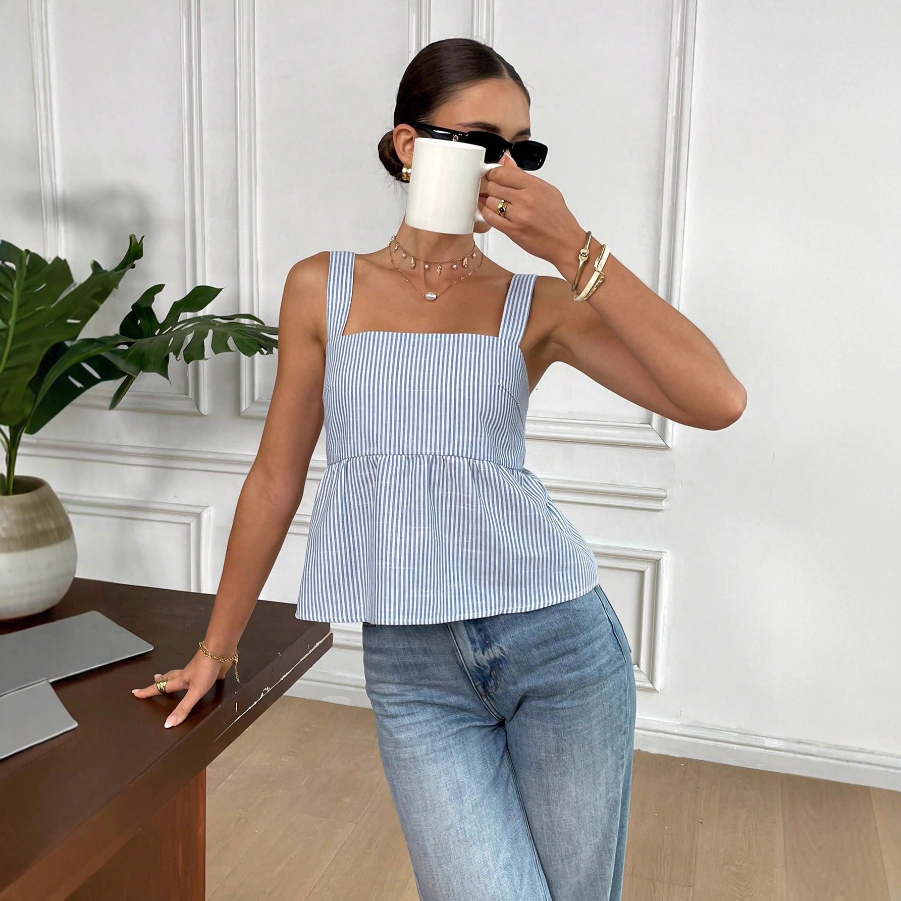 Striped Print Tie-Shoulder Cami Top Square Neck Backless Slim Fit