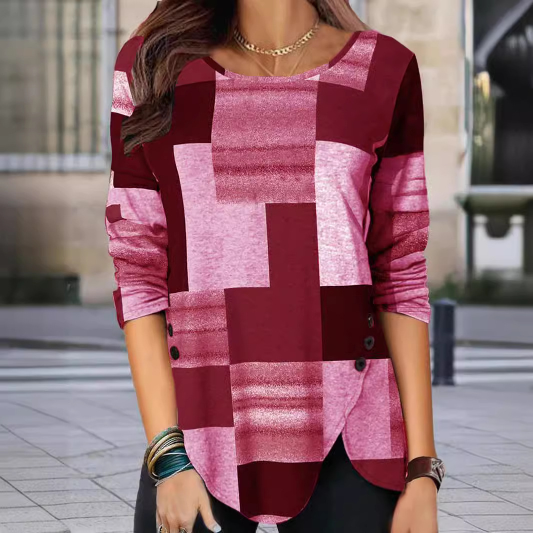 Women's Colorblock Print Long-Sleeve Crewneck Pullover T-Shirt