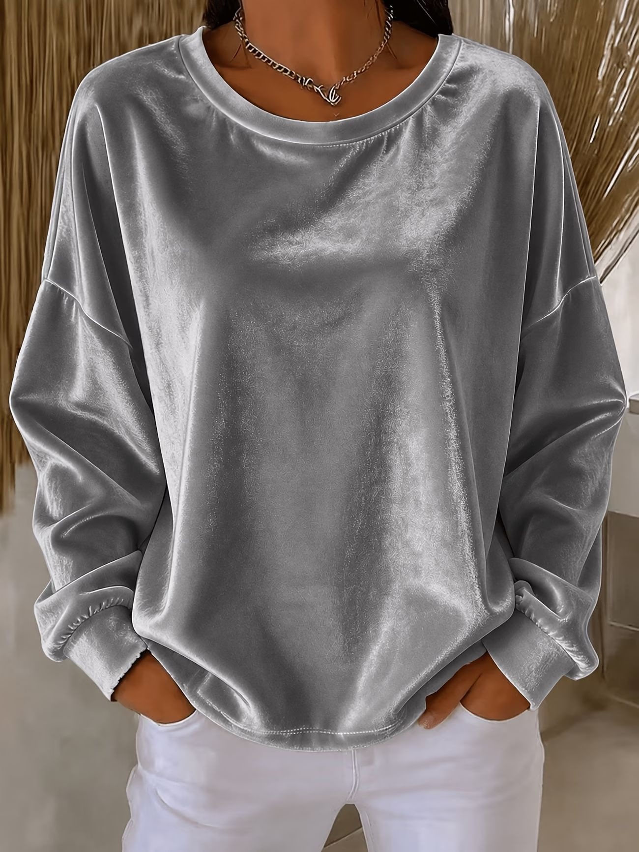 Women's Velvet Long Sleeve Crewneck T-Shirt Solid Color Loose Fit