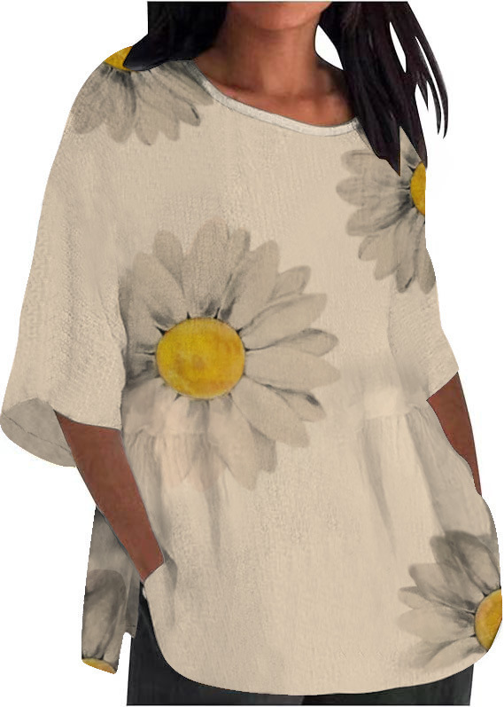 Chrysanthemum Print Round Neck 3/4 Sleeve T-Shirt for Women