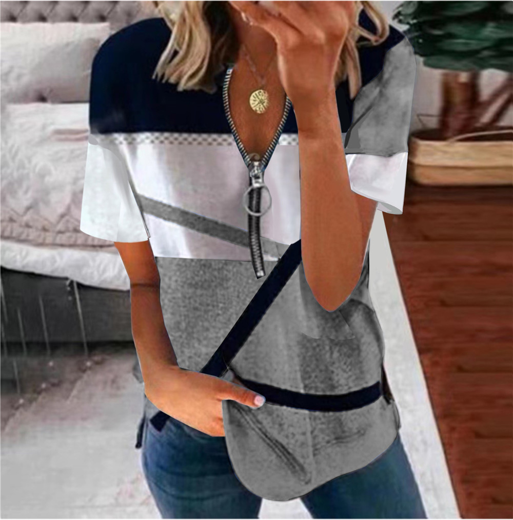 Women's Zip Print Loose Short Sleeve V-Neck T-Shirt