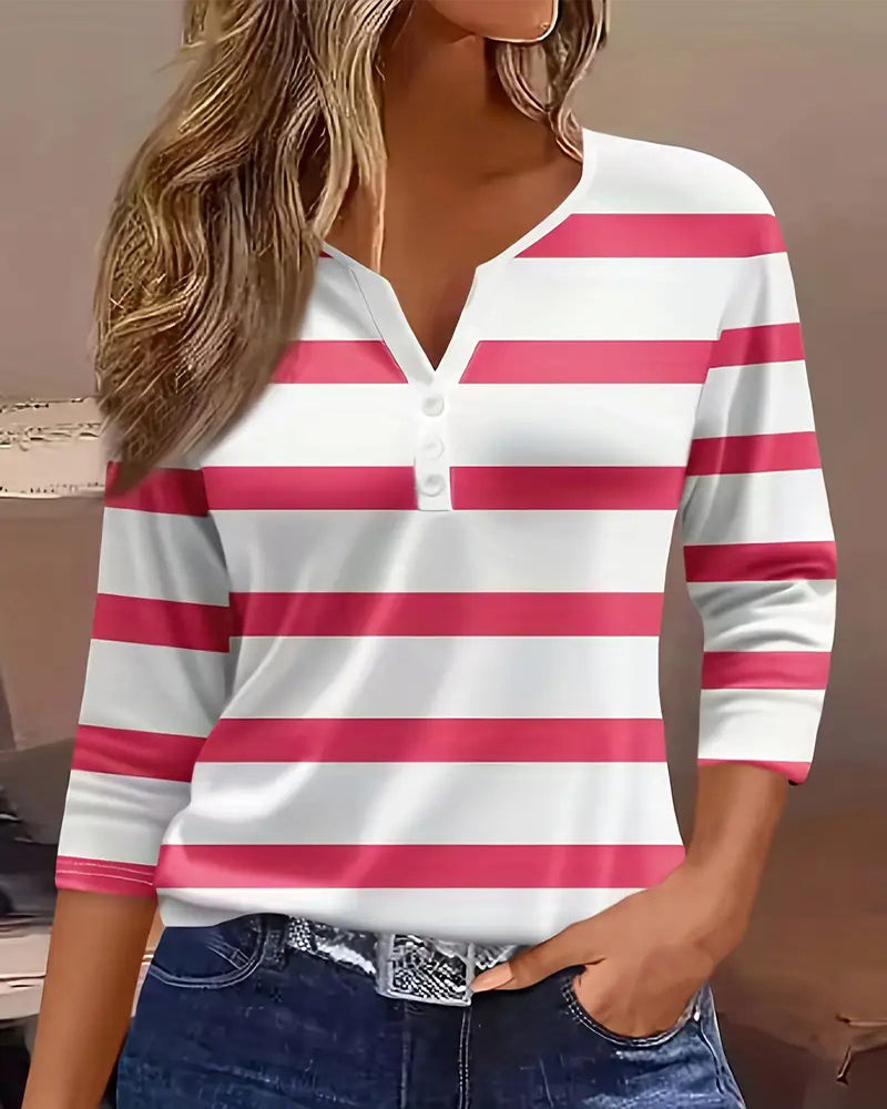 Women's Striped V-Neck Button Top Casual Long Sleeve T-Shirt