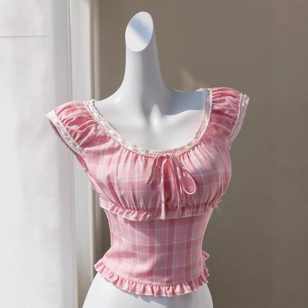 Plaid Lace-Trim Bow Tie-Front U-Neck Top