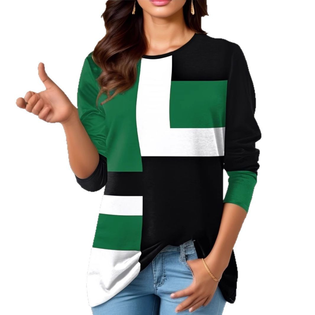 Geometric Color-Block Long-Sleeve T-Shirt