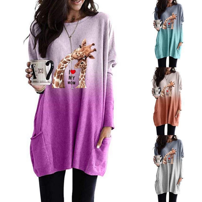 Giraffe Print Crewneck Long Sleeve Pullover T-Shirt