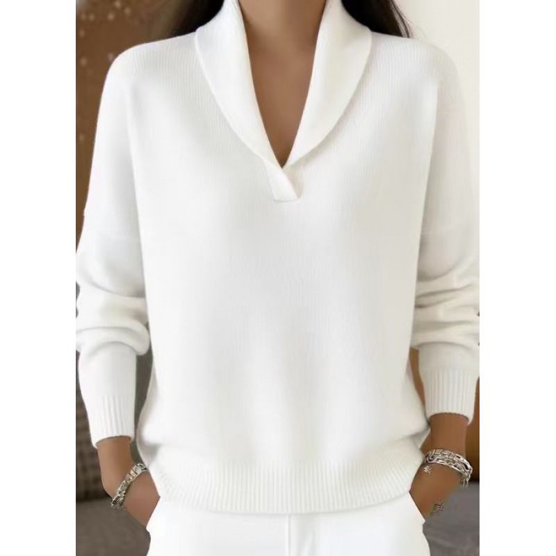 V-Neck Long Sleeve Knit Pullover Loose Solid Color Top