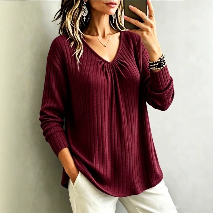 V-Neck Ribbed Brushed Long-Sleeve Loose Casual Top for Women