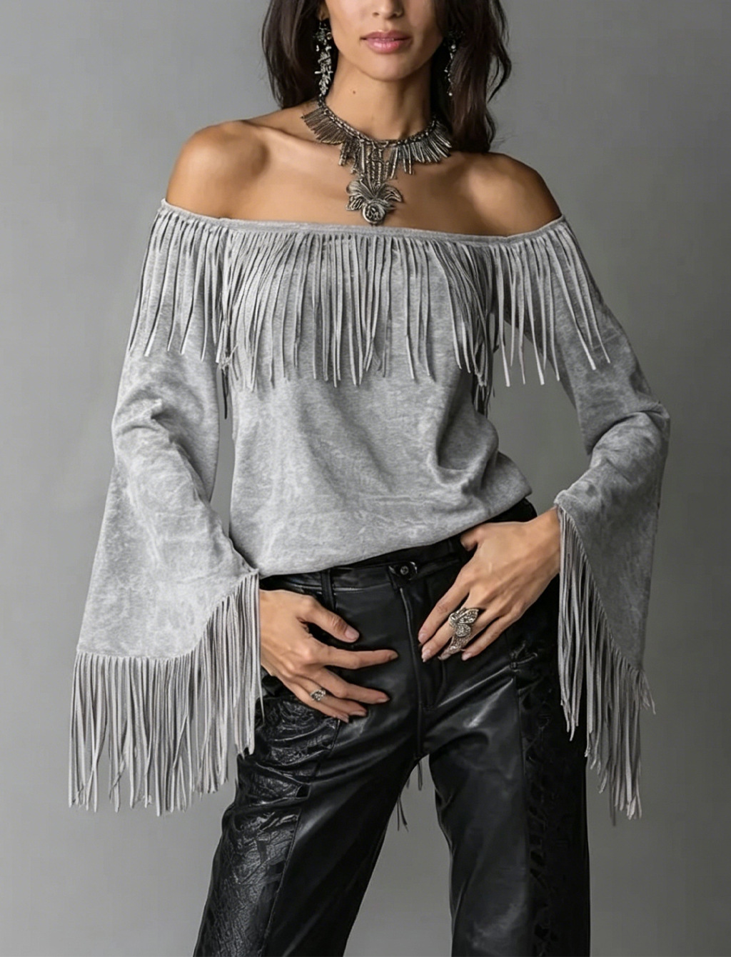 Women's Off-Shoulder Faux Suede Fringe Top with Flared Sleeves