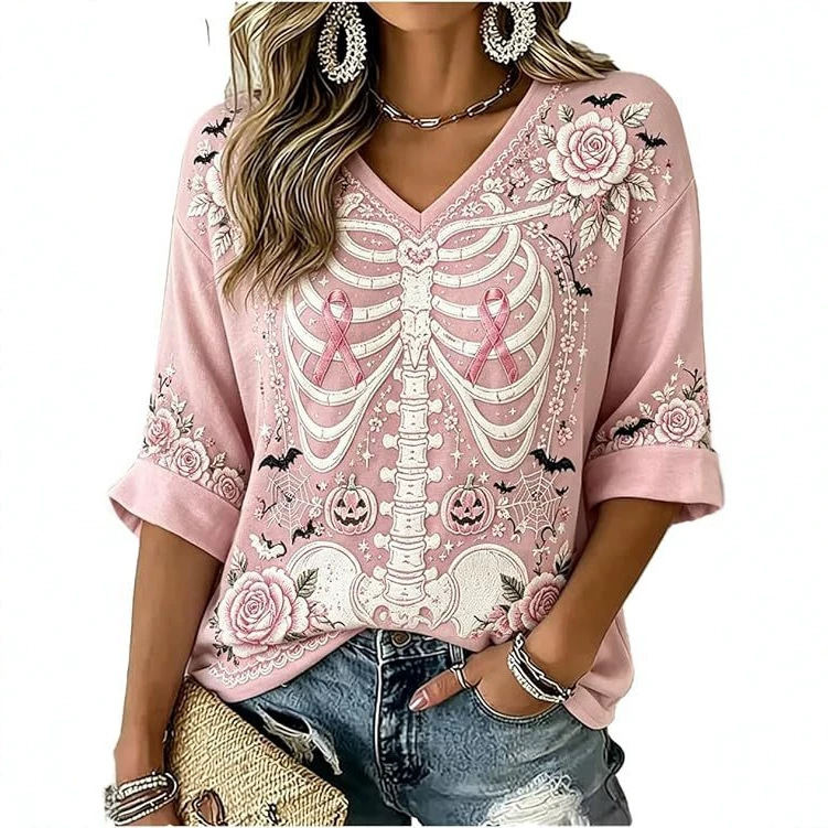 Skeleton Floral Ribbon Print V-Neck Half-Sleeve T-Shirt