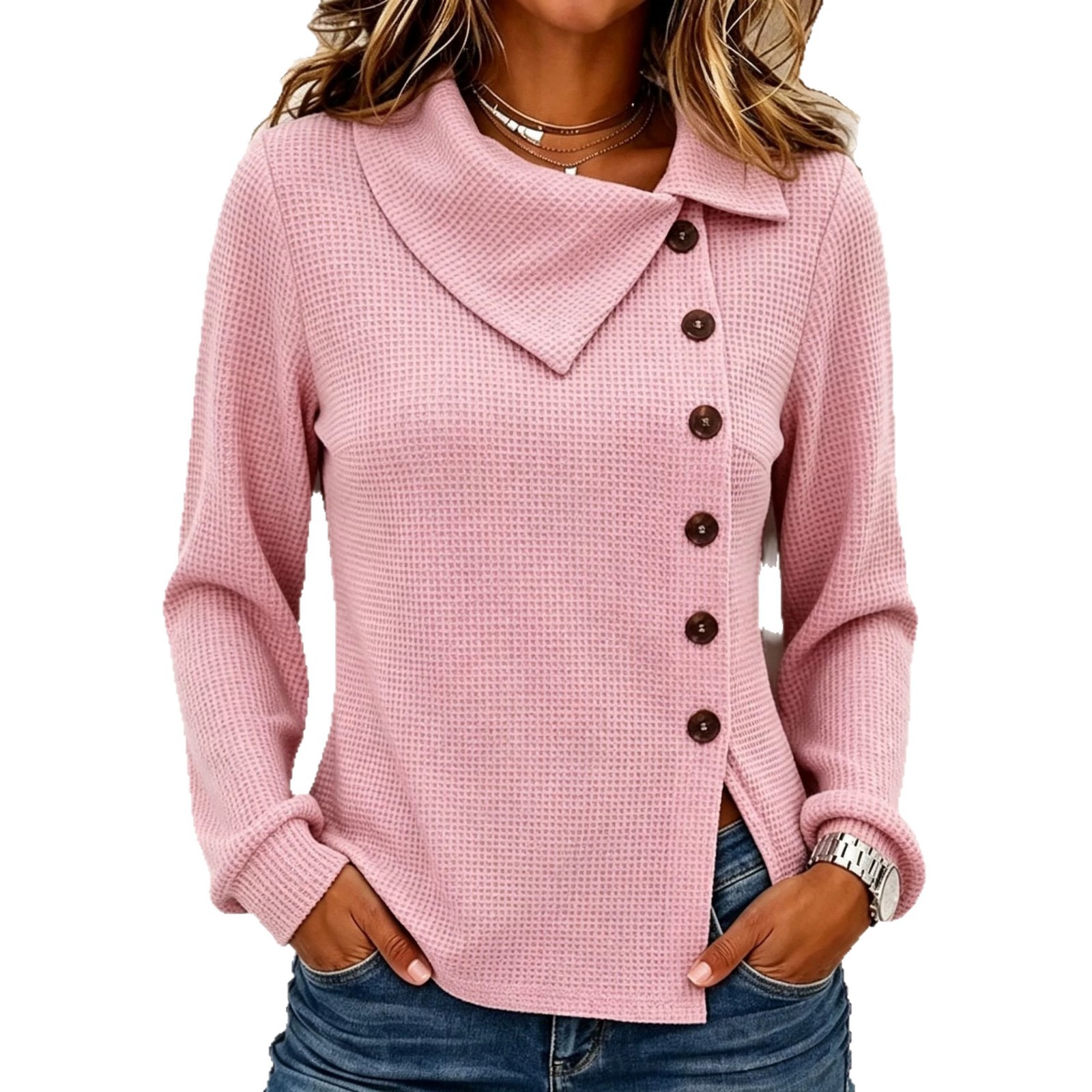 Women's Waffle Knit Button-Front Long-Sleeve Top with Asymmetric Collar
