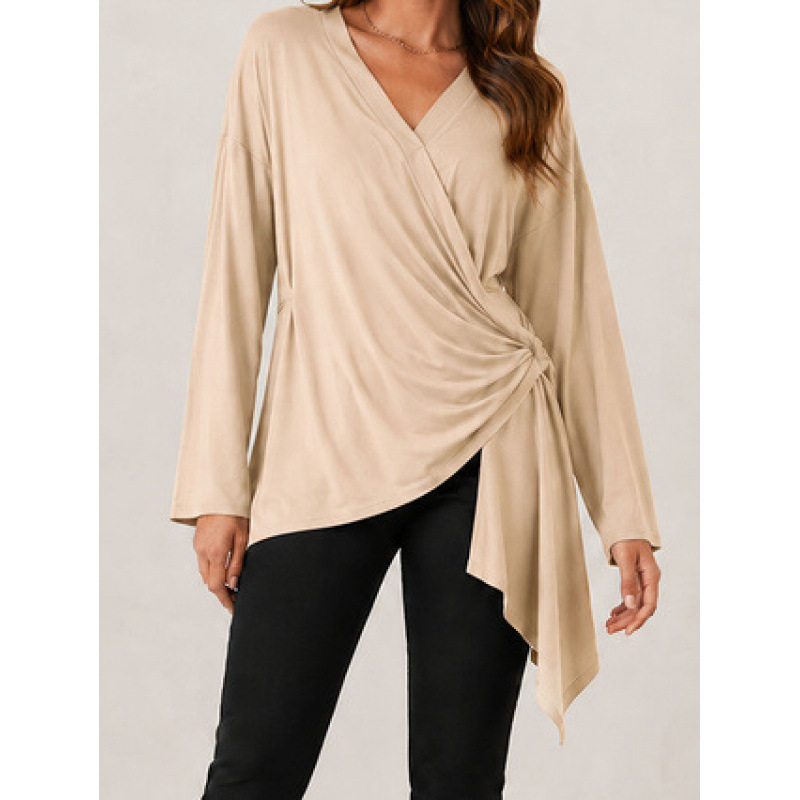 Women's Tie-Front Solid V-Neck Long Sleeve Casual Top
