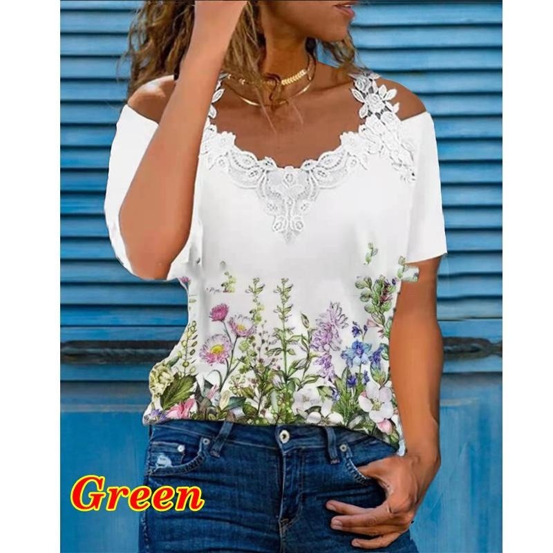 Women's Summer V-Neck Lace Trim Cold Shoulder Short Sleeve Casual T-Shirt