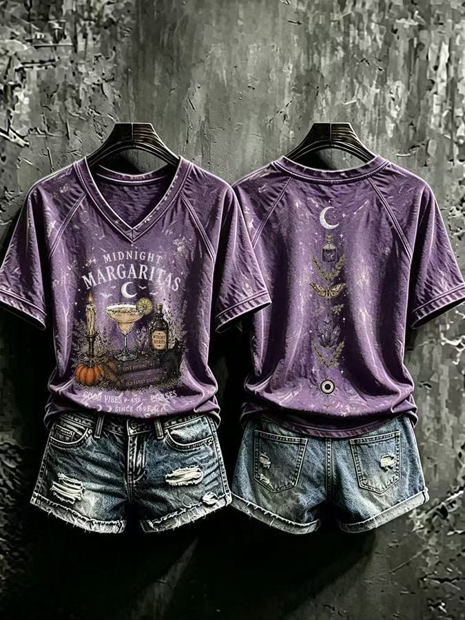 Fantasy Graphic Front and Back Print V-Neck T-Shirt