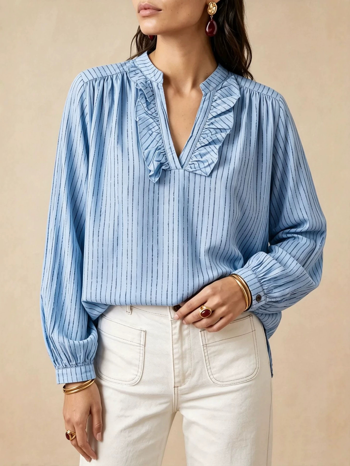Ruffle V-Neck Long Sleeve Striped Women's Shirt
