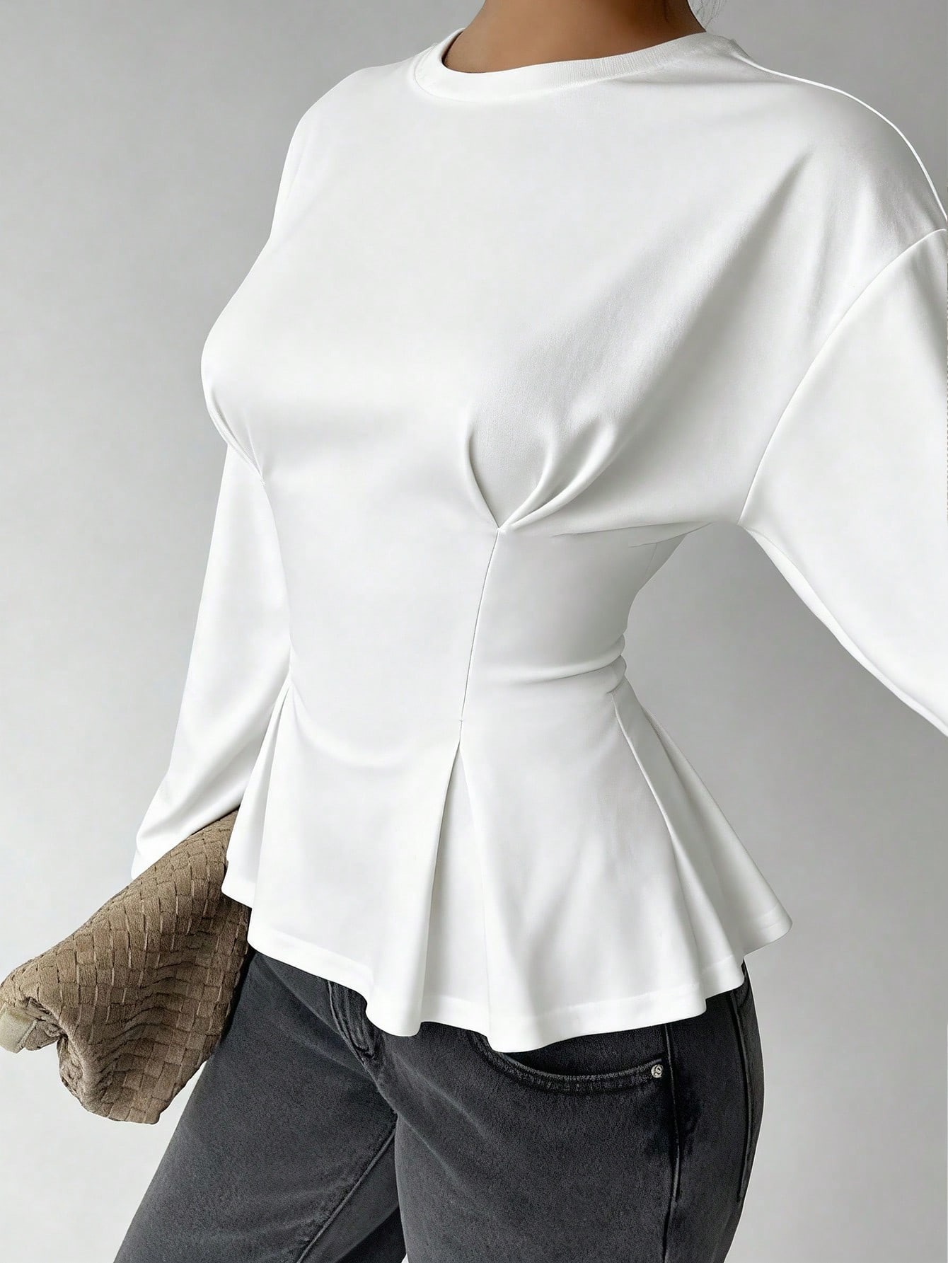 Women's Slim Fit Pleated Long Sleeve Crewneck Pullover Top