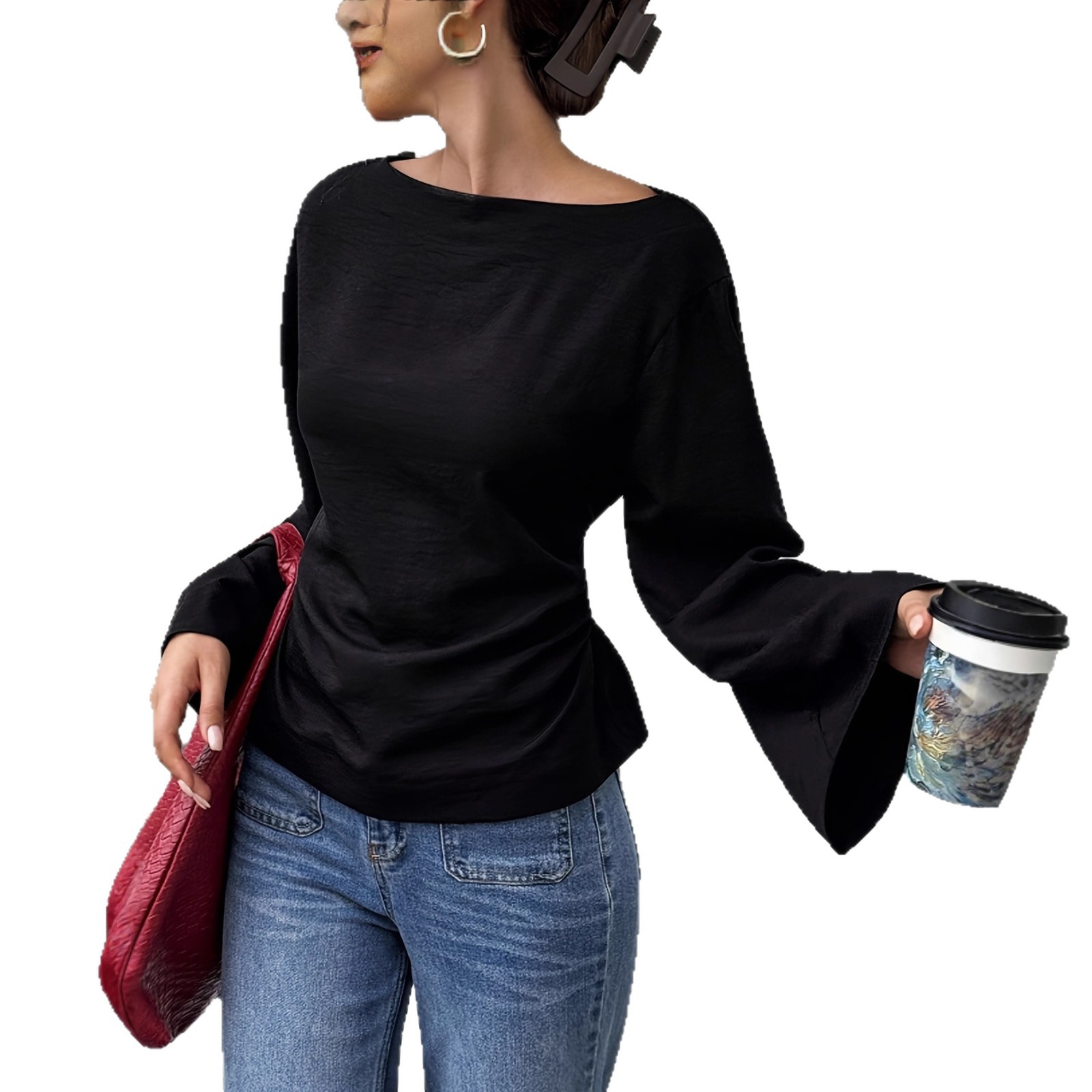 Solid Color Boat Neck Cinched Waist Flared Sleeve Top