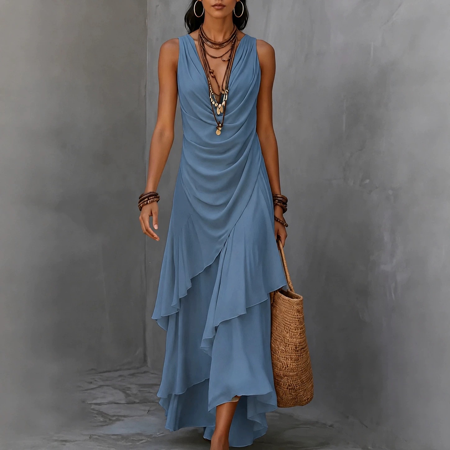 Sleeveless V-Neck Chiffon Dress with Ruffle Asymmetrical Hem