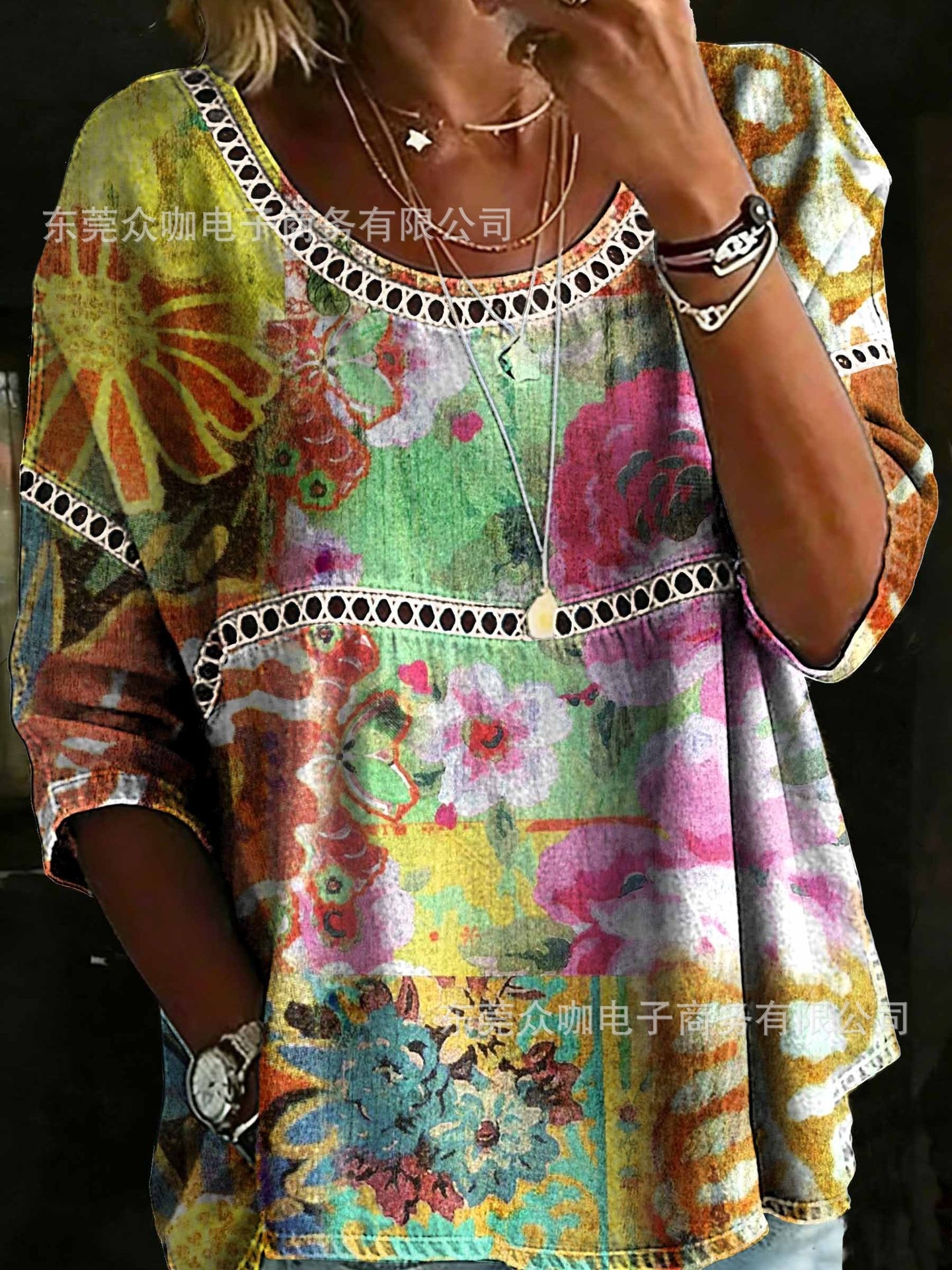 3D Floral Print Crewneck Half-Sleeve Ruched Top