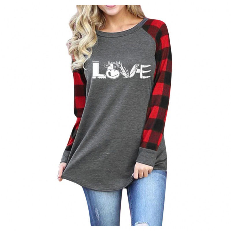 2024 Summer New Cross-Border European and American Women's Clothing Cross-Border European and American Spring and Autumn Plaid Print Round Neck Long Sleeve Top T-Shirt
