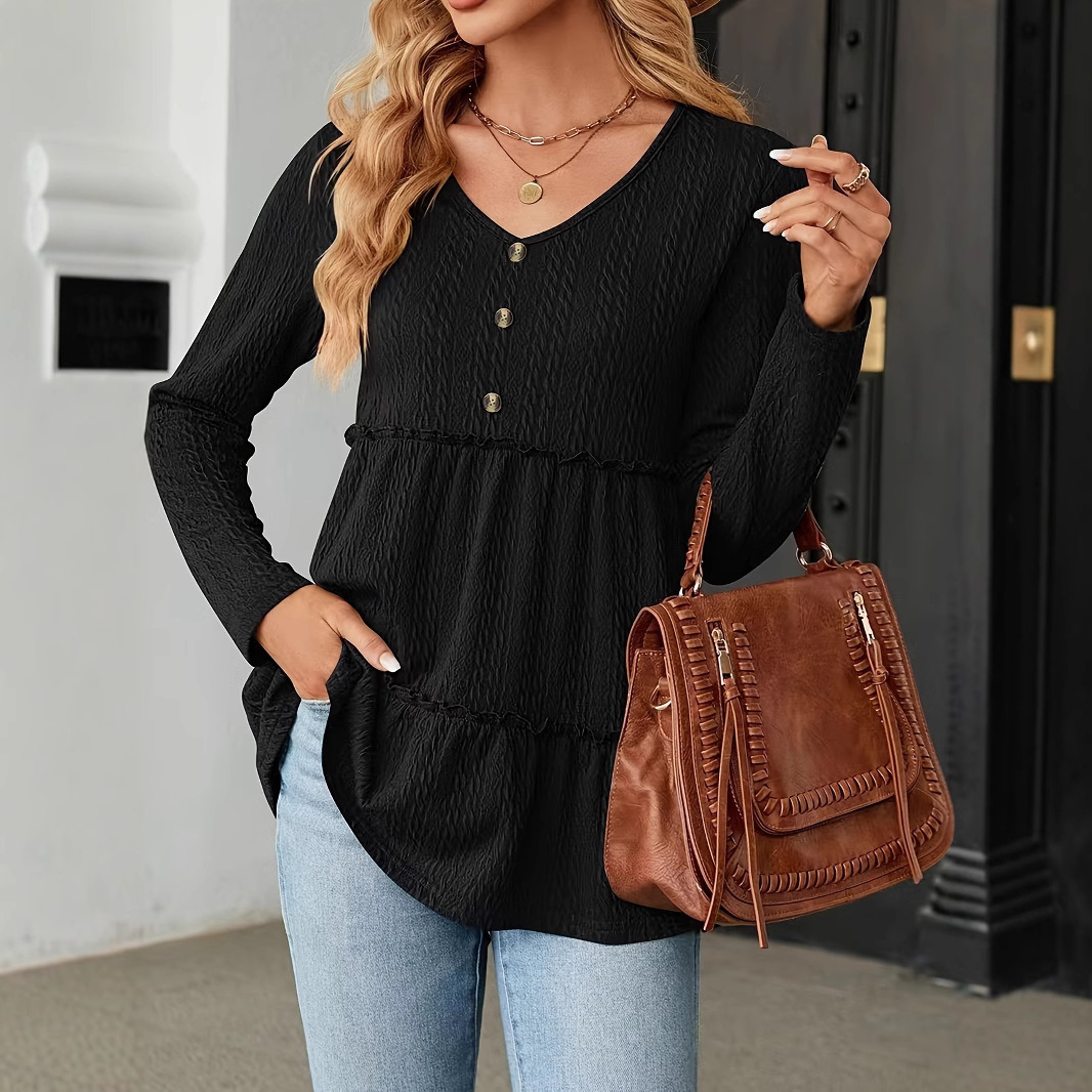 Solid V-Neck Buttoned Loose Long-Sleeve T-Shirt Top