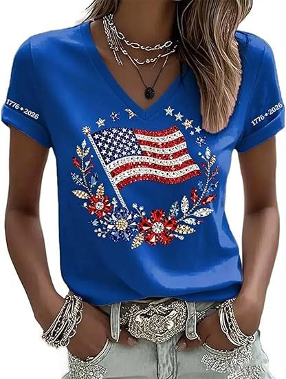 American Flag Print V-Neck Short Sleeve Women's T-Shirt