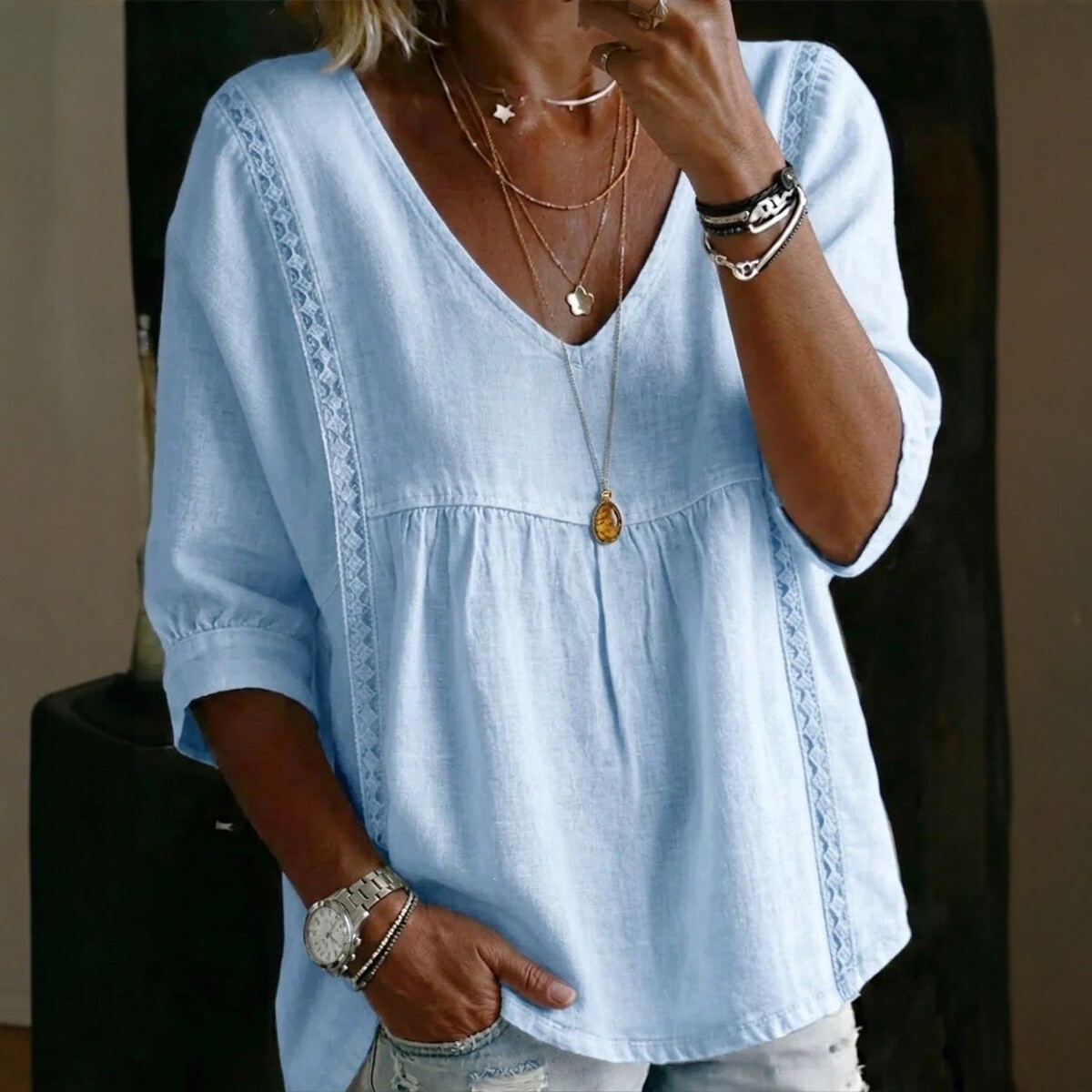 Lace Trim V-Neck Pullover Solid Color Casual Top