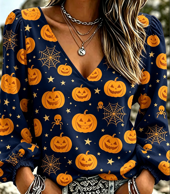 Halloween Pumpkin Ghost Print V-Neck Long Sleeve Women's T-Shirt