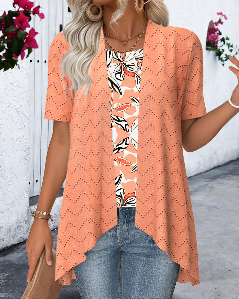 Women's Casual Loose Short Sleeve Faux Two-Piece Hollow Out Print T-Shirt