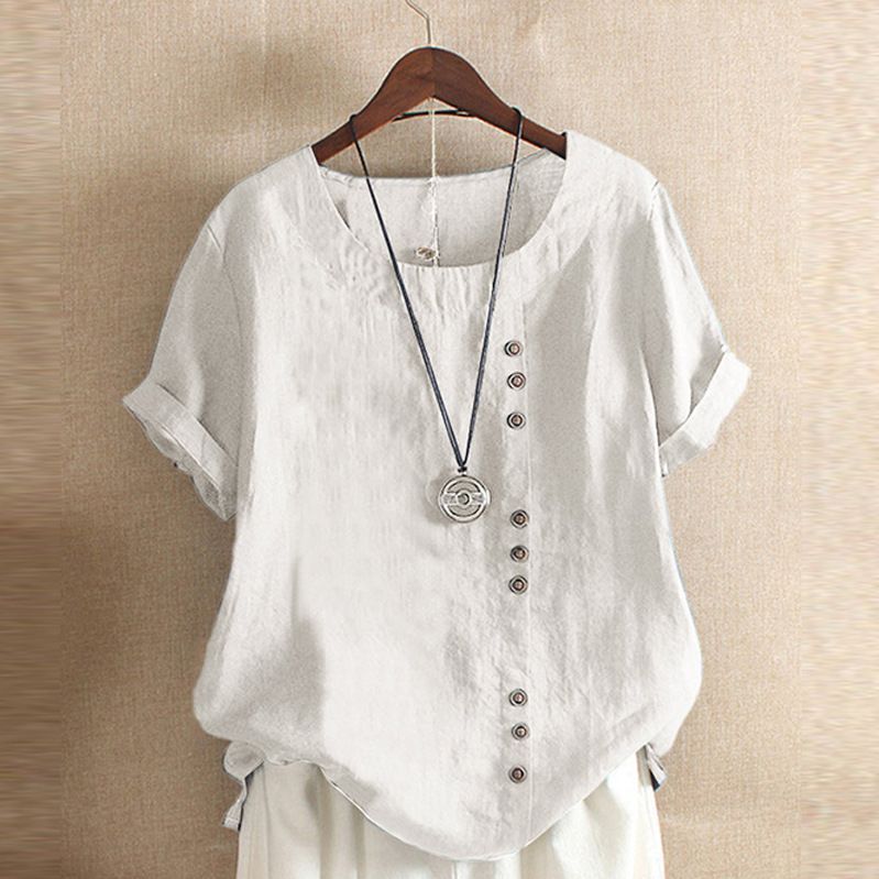 Women's Summer Loose Button Round Neck T-Shirt