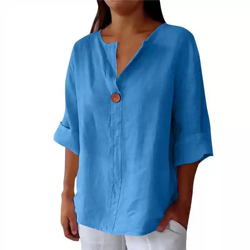 Women's Loose V-Neck Button Cotton-Blend T-Shirt