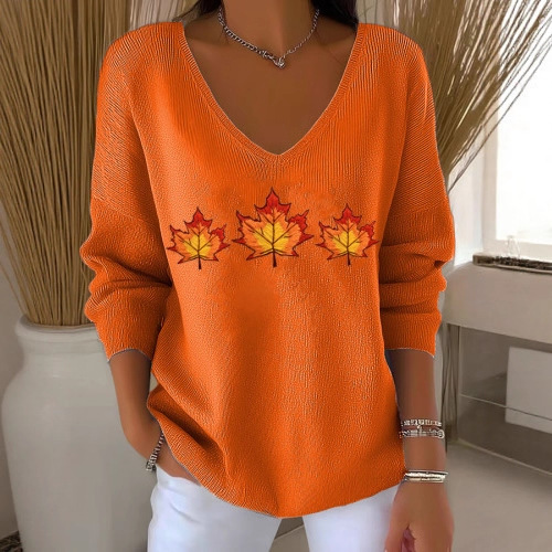 Maple Leaf Print V-Neck Long Sleeve T-Shirt