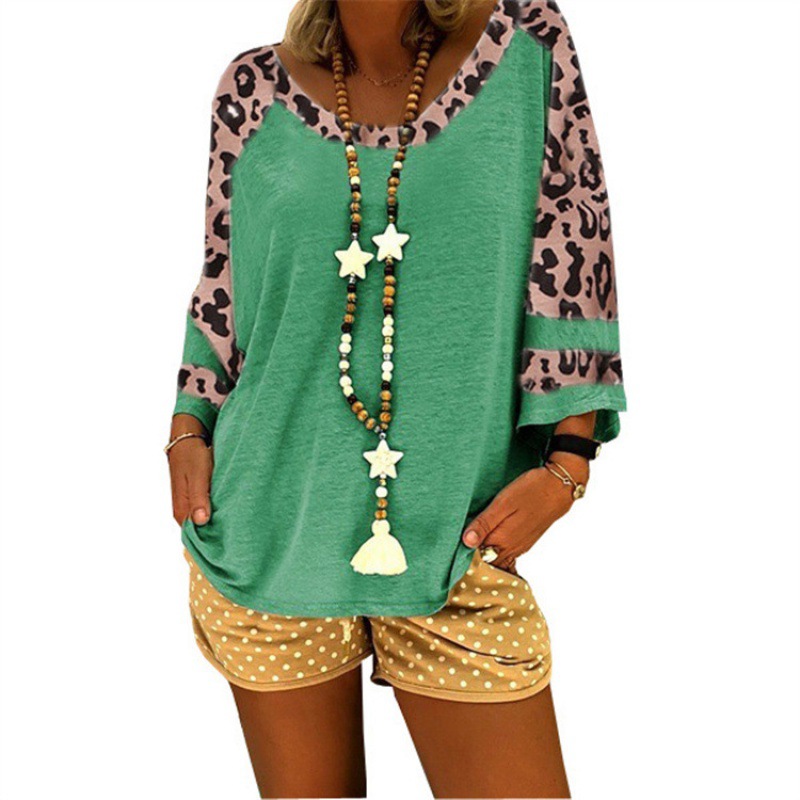 New for Spring/Summer 2023, Women's Leopard Print Short-Sleeve T-Shirt Top, Color-Block Tee, US/EU Style, Amazon & Independent Store Supply