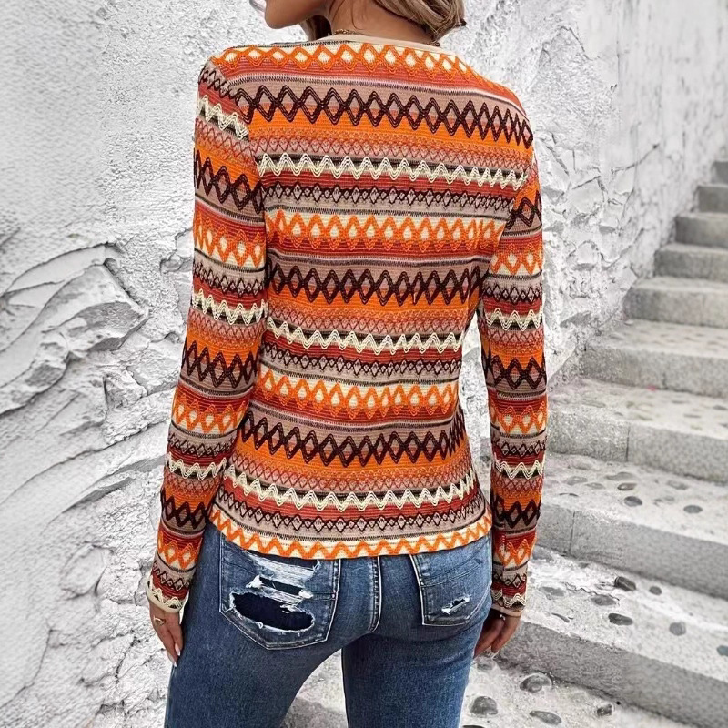 Women's Colorful Striped Long-Sleeve Casual T-Shirt Orange