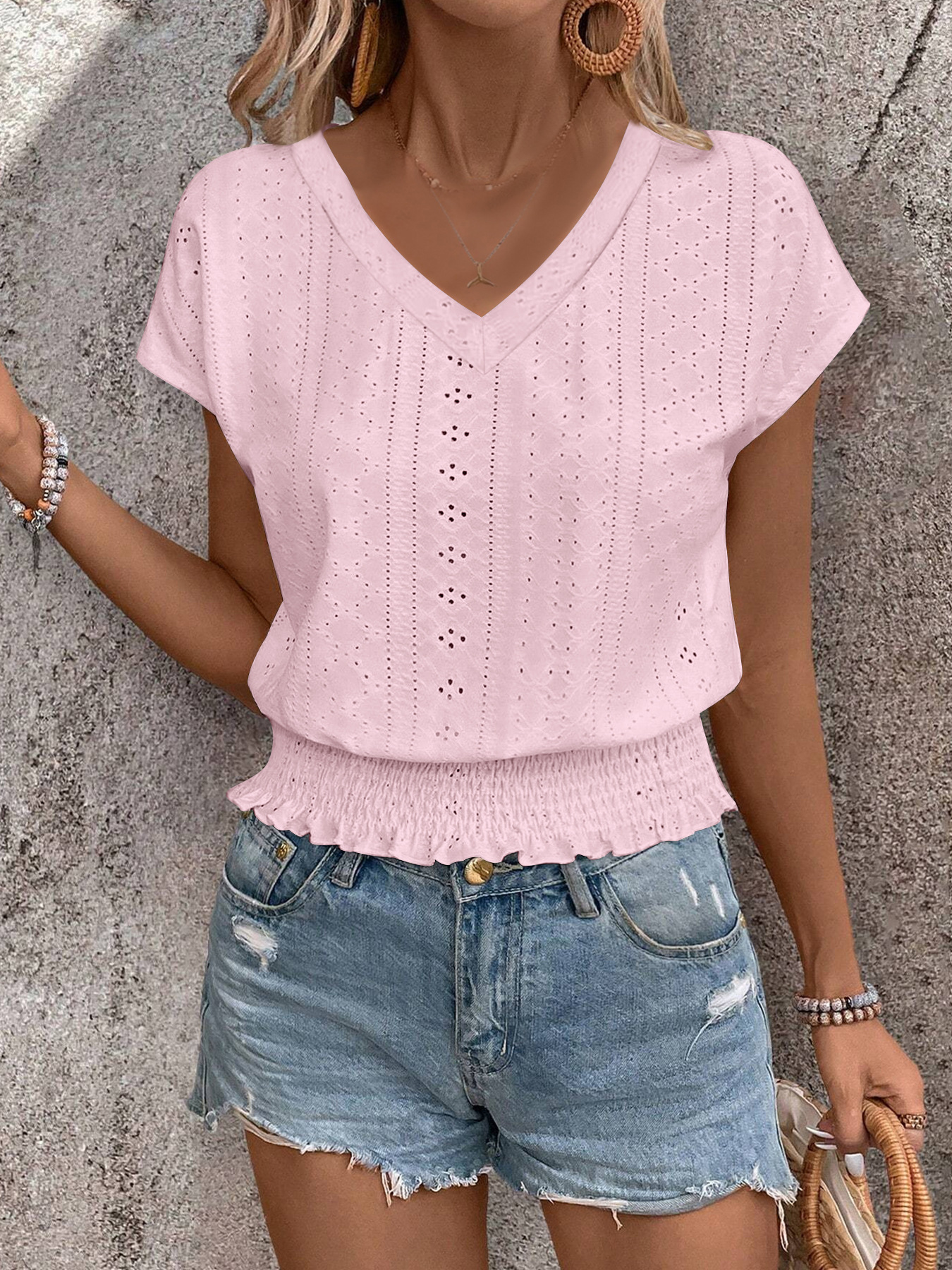 Women's V-Neck Jacquard Hollow-Out Smocked Short-Sleeve Top