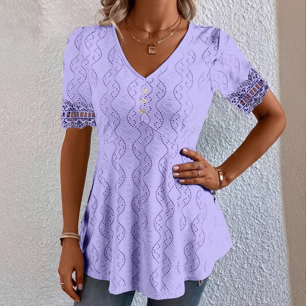 V-Neck Jacquard Lace Hollow-Out Waist-Cinched Short Sleeve Top