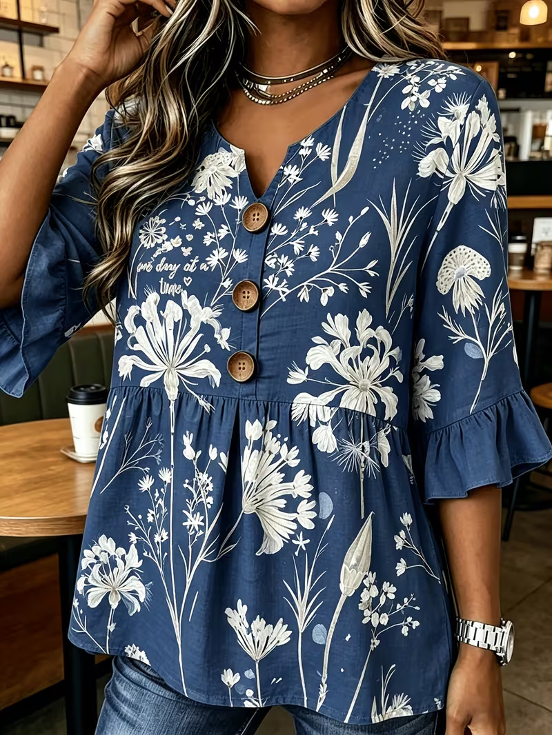 Women's Summer Floral Print Rolled Sleeve Button Top