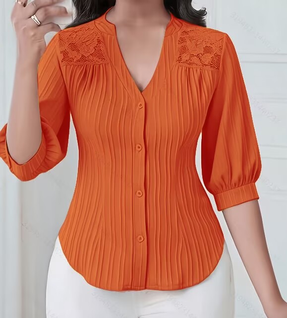 Lace-Trimmed V-Neck Mid-Sleeve Blouse with Pleated Button Front and Curved Hem