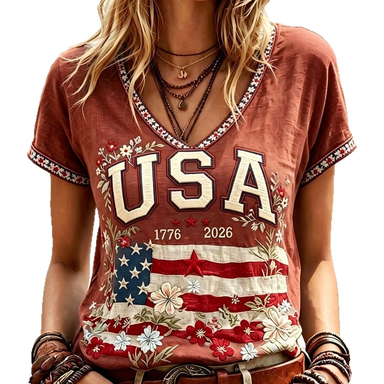 American Flag Letter Print V-Neck Short Sleeve Women's T-Shirt