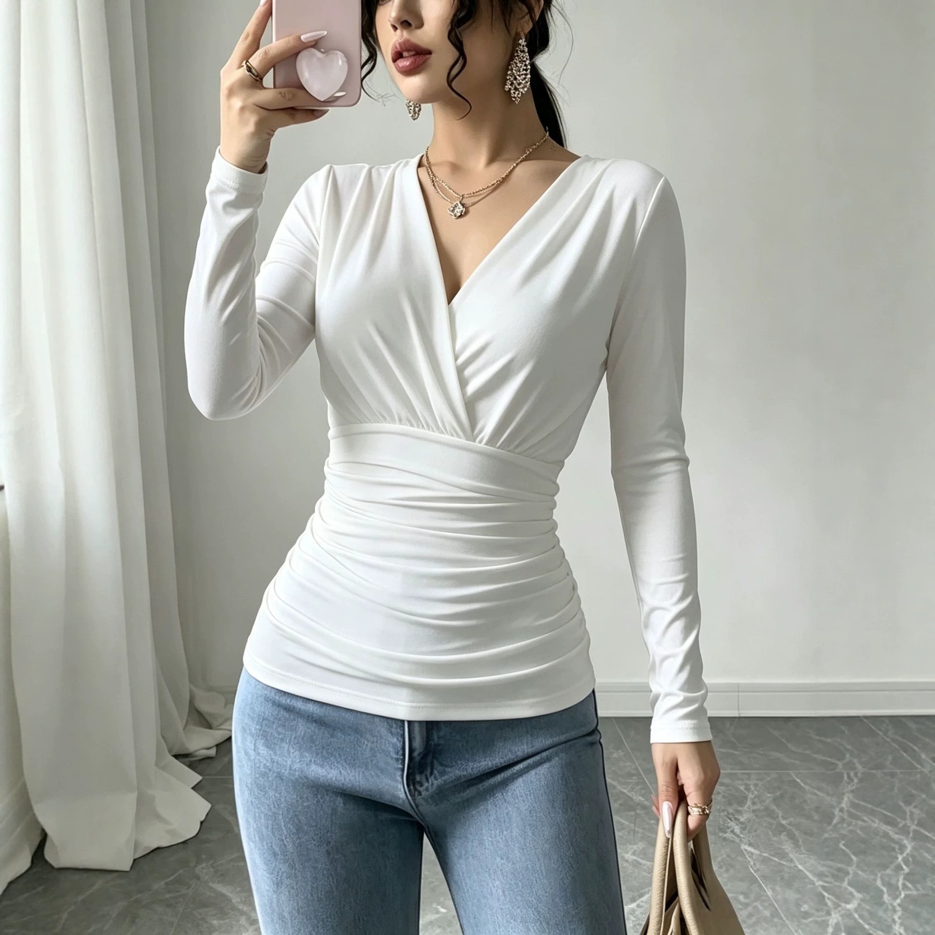 Women's French Cross V-Neck Ruched Waist Slimming Long Sleeve T-Shirt