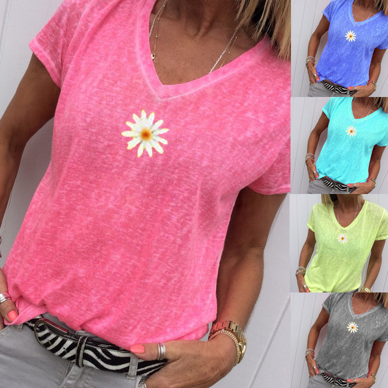 2025 Spring/Summer New Women's European and American Style Amazon WISH Hot-Selling V-Neck Daisy Knit Women's Short-Sleeve T-Shirt