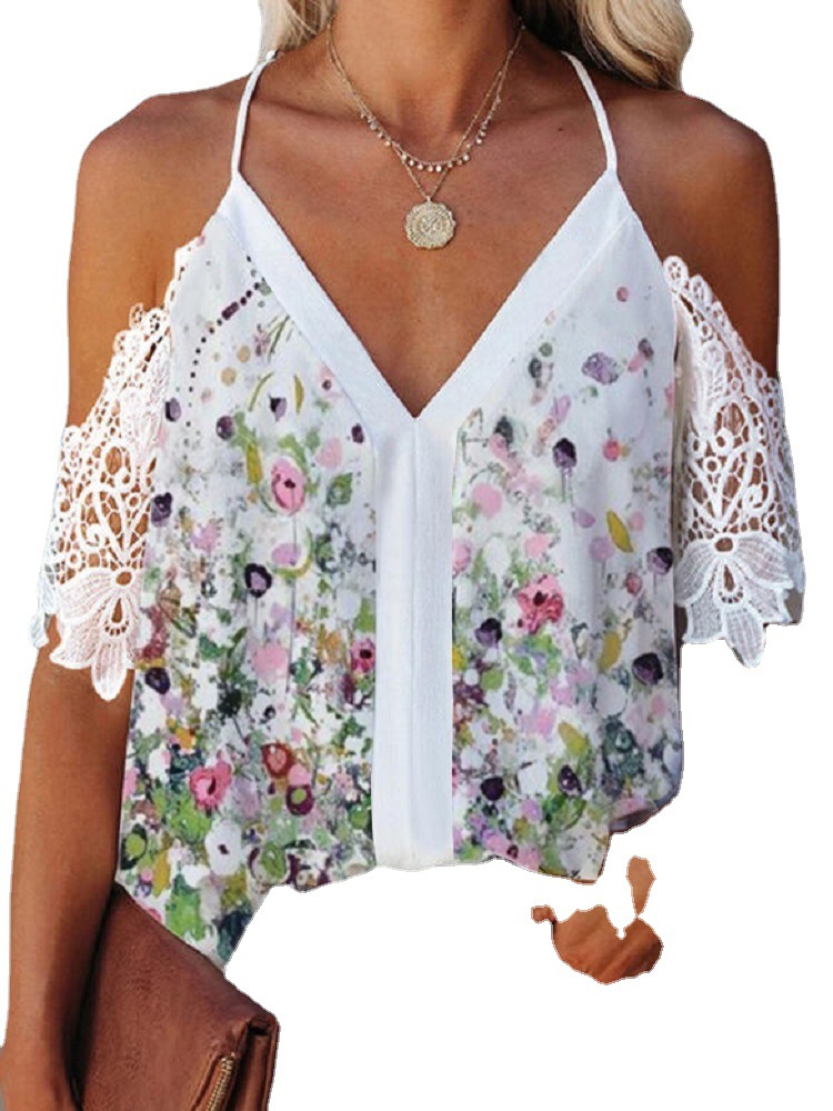 Women's Loose Lace V-Neck Short Sleeve T-Shirt