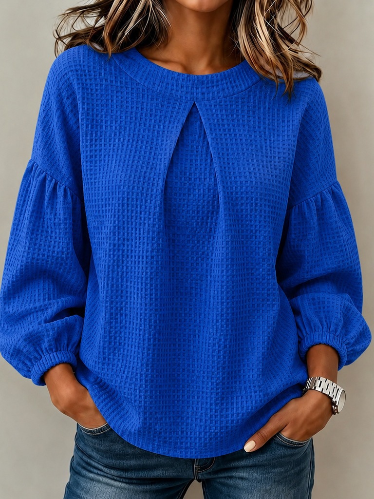 Waffle Knit Lantern Sleeve Crewneck Solid Color Long Sleeve Top Shirt