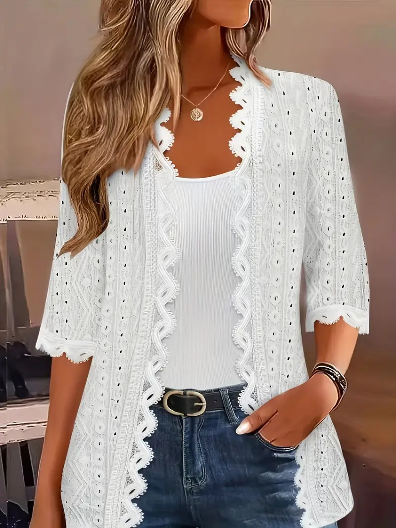 Women's Mid-Sleeve Open-Knit Cardigan with Hollow-Out Lace Collar