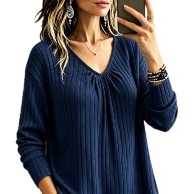 V-Neck Ribbed Brushed Long-Sleeve Loose Casual Top for Women