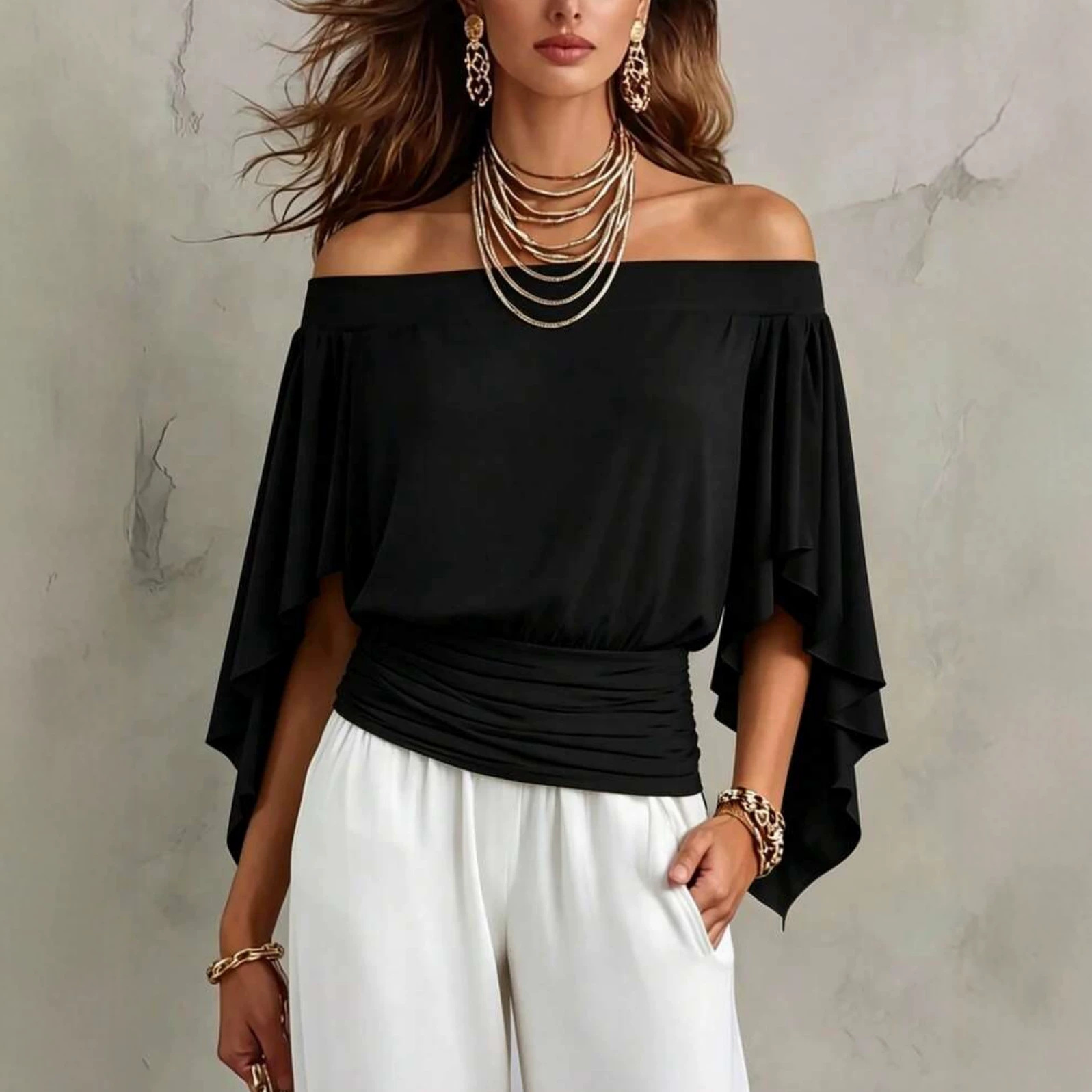 Women's Elegant Solid Color T-Shirt with Flare Sleeves and Off-Shoulder Neckline