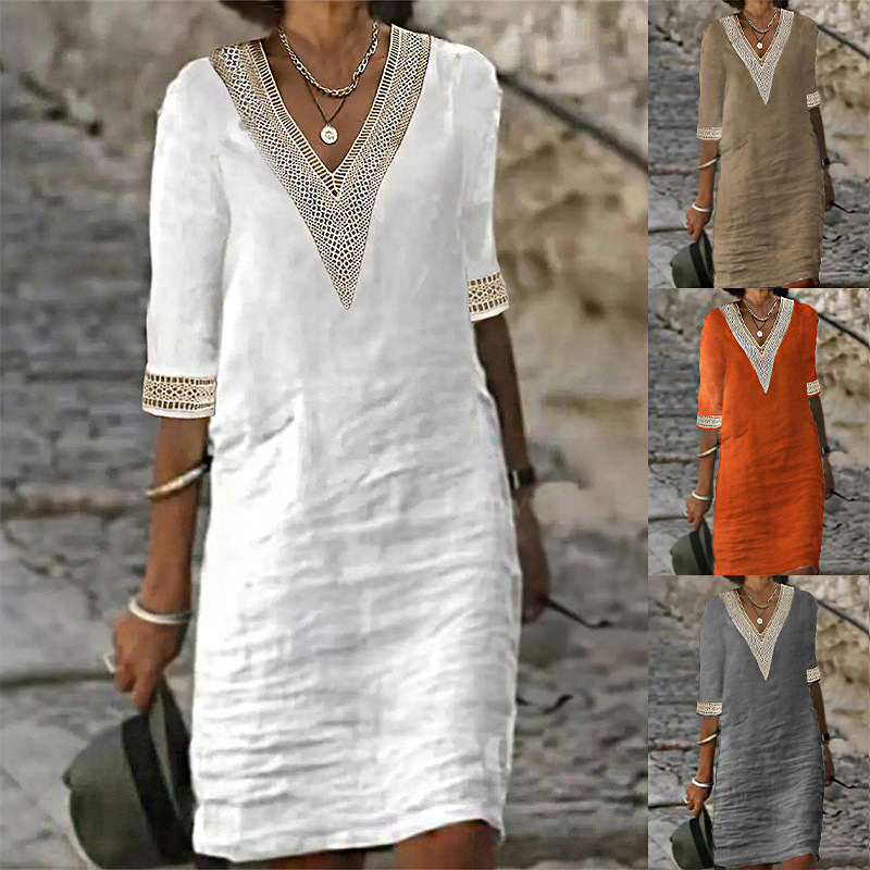 Women's Solid V-Neck Half-Sleeve A-Line Midi Dress