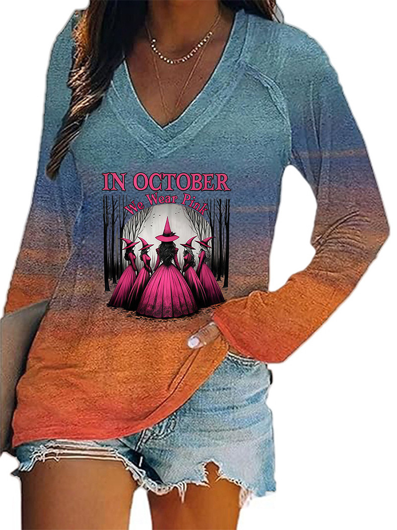 Women's Halloween Witch Hat Print V-Neck Long Sleeve T-Shirt