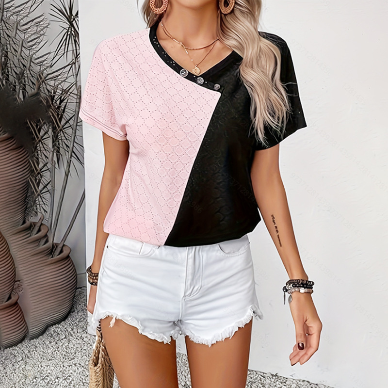 Color-Block Pink & Black Crewneck Button-Trim Short-Sleeve Top