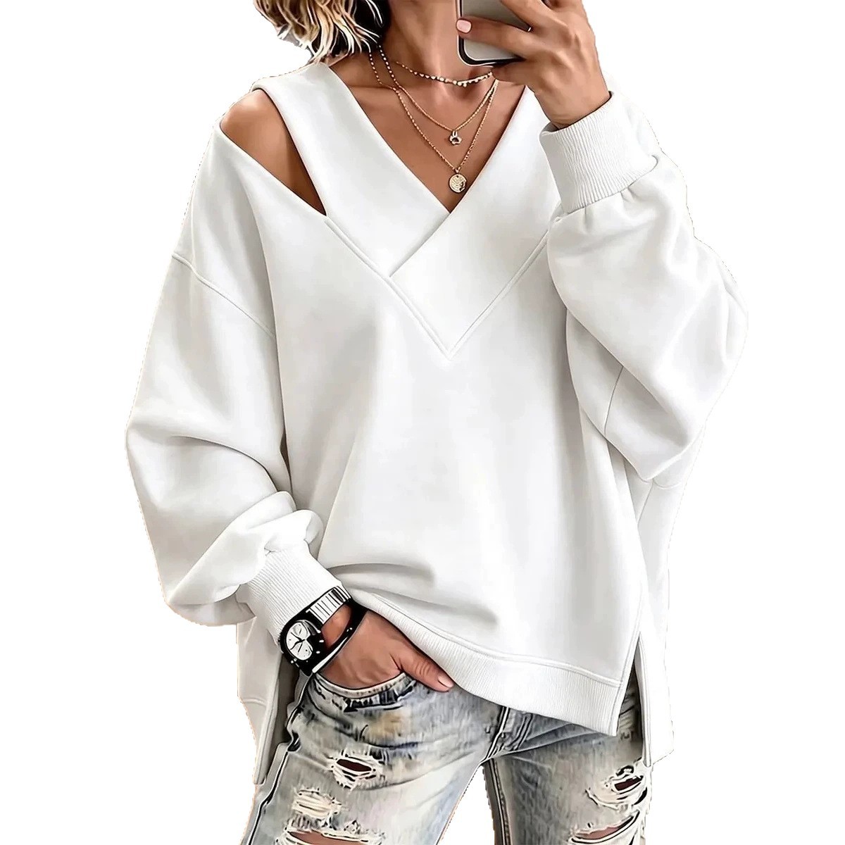 Women's Solid V-Neck Long-Sleeve Loose T-Shirt Sweatshirt