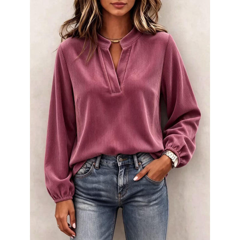 Ribbed Henley Neck Long Sleeve Top Half-Open V-Neck Lantern Sleeve Loose Fit